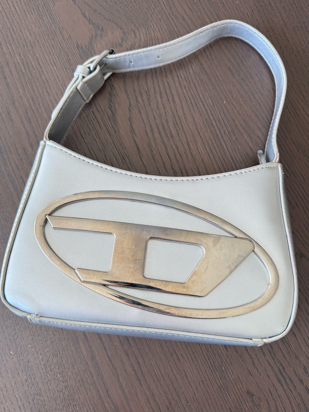 Y2K Silver Metallic Shoulder Bag Futuristic Logo Mini Baguette Purse